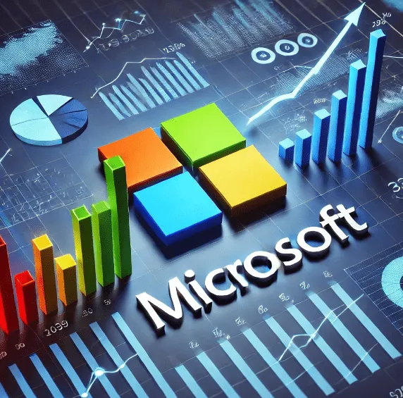 Microsoft logo with a financial growth chart showing upward trends.