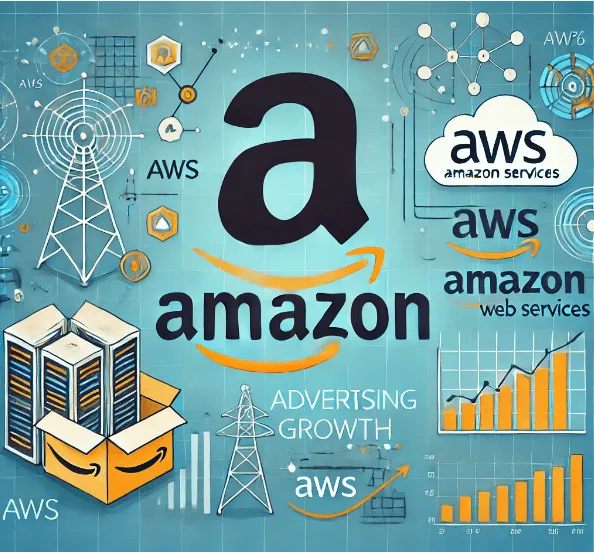 Amazon logo with statistics on AWS and advertising growth.