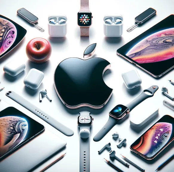 Apple logo with images of iPhone, iPad, and Apple services.