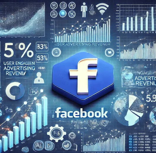 Meta logo with data on user engagement and advertising revenue.