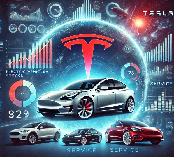 Tesla logo with data on electric vehicle sales and service growth.