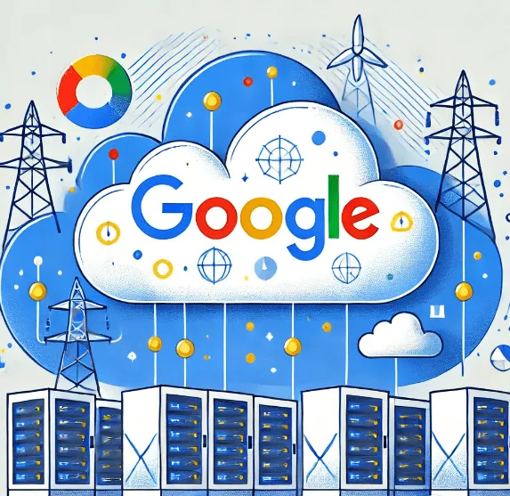Google logo with an illustration of cloud services and data centers.