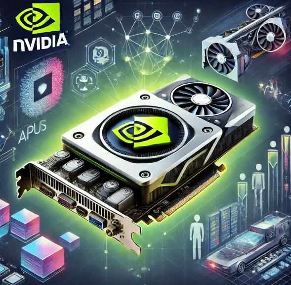 NVIDIA logo with graphics of GPUs and AI technology