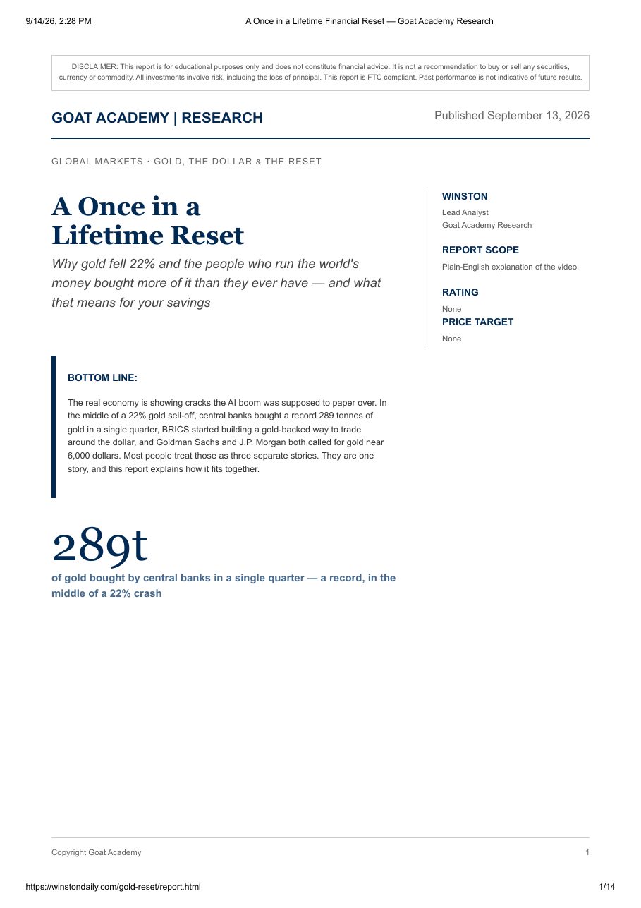First page of the "A Once in a Lifetime Reset" research report by Goat Academy