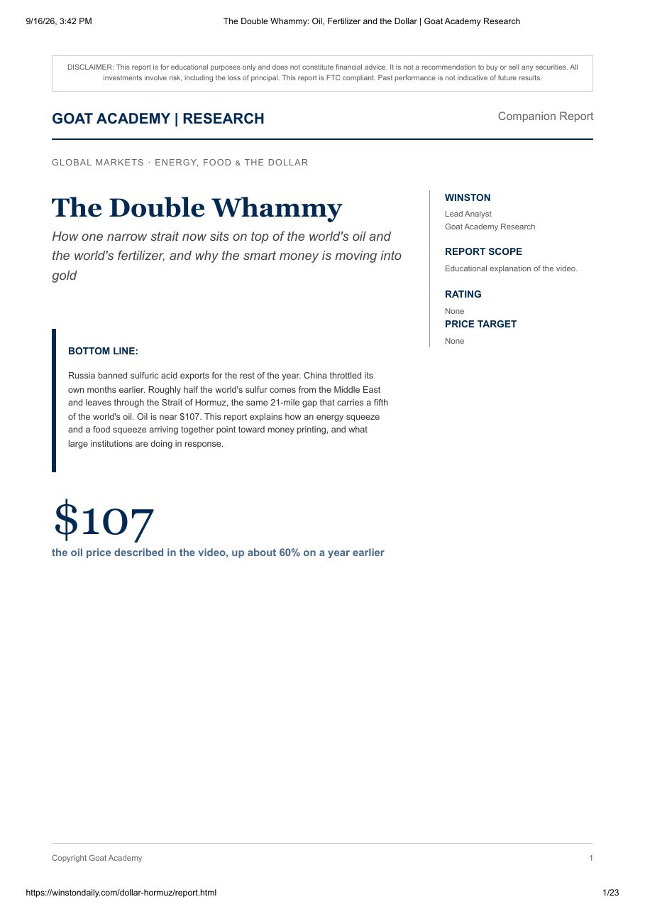 First page of the "The Double Whammy" research report by Goat Academy
