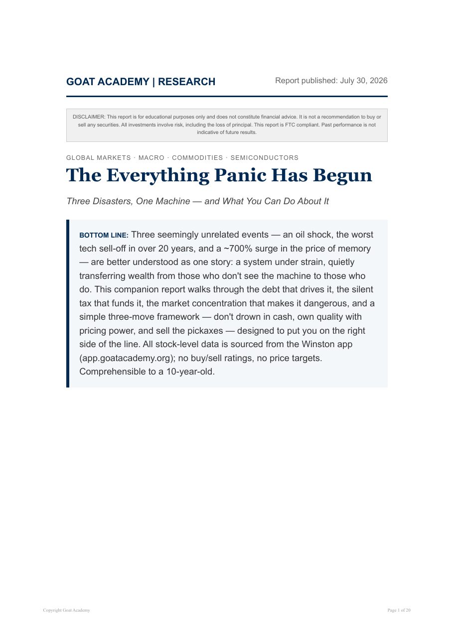 First page of the "The Everything Panic Has Begun" research report by Goat Academy