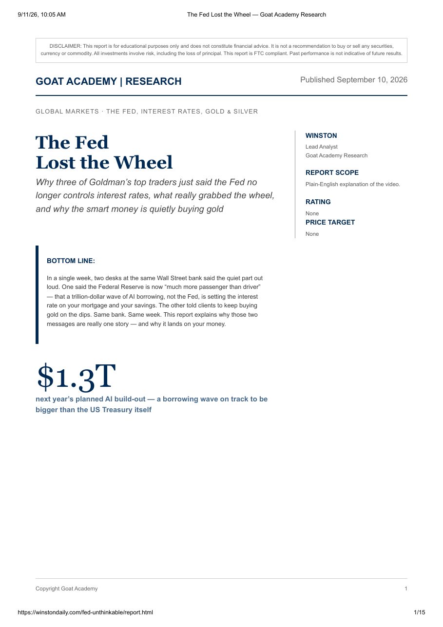 First page of the "The Fed Lost The Wheel" research report by Goat Academy