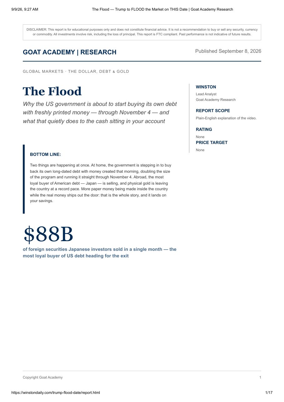 First page of the "The Flood" research report by Goat Academy