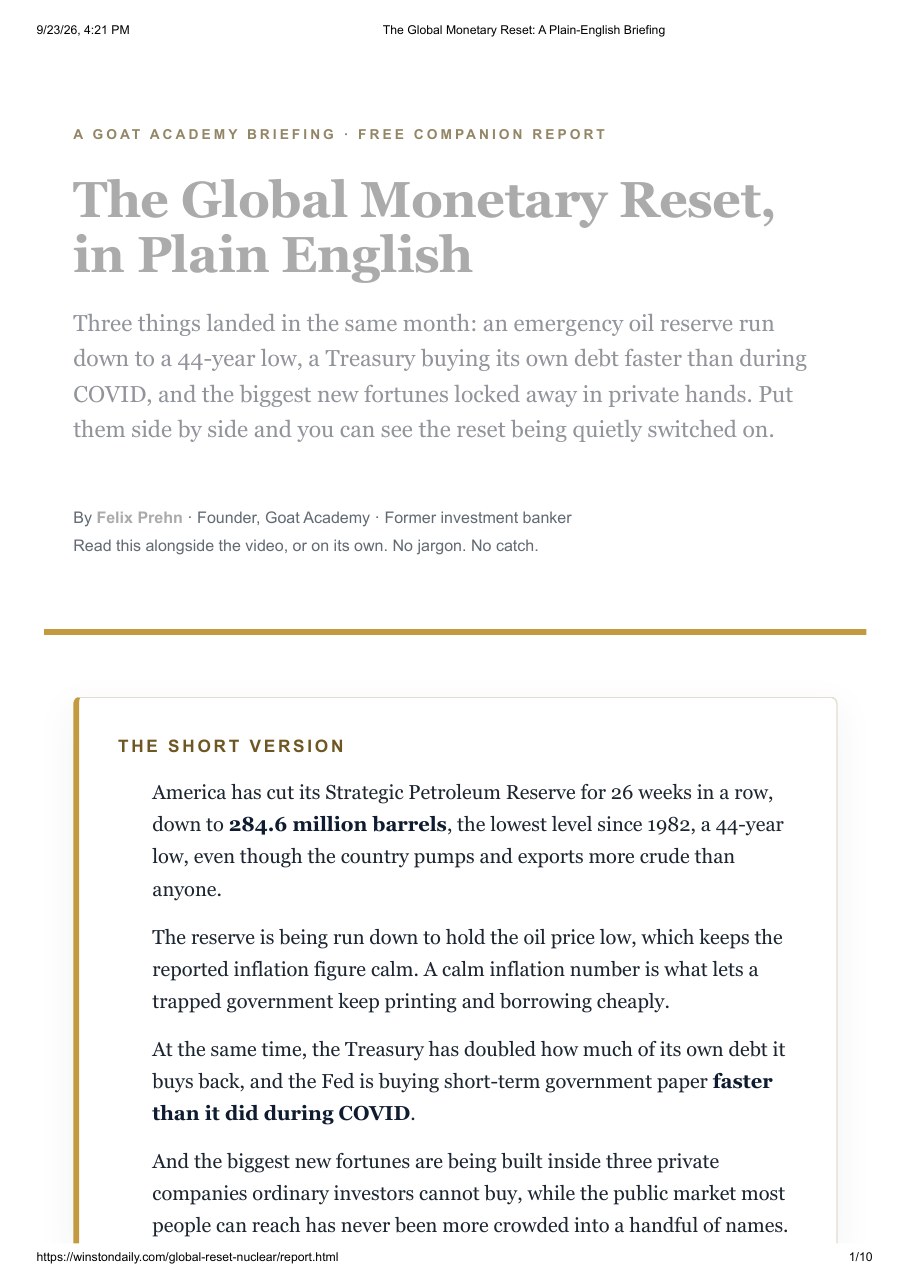 First page of the "The Global Monetary Reset, in Plain English" research report by Goat Academy