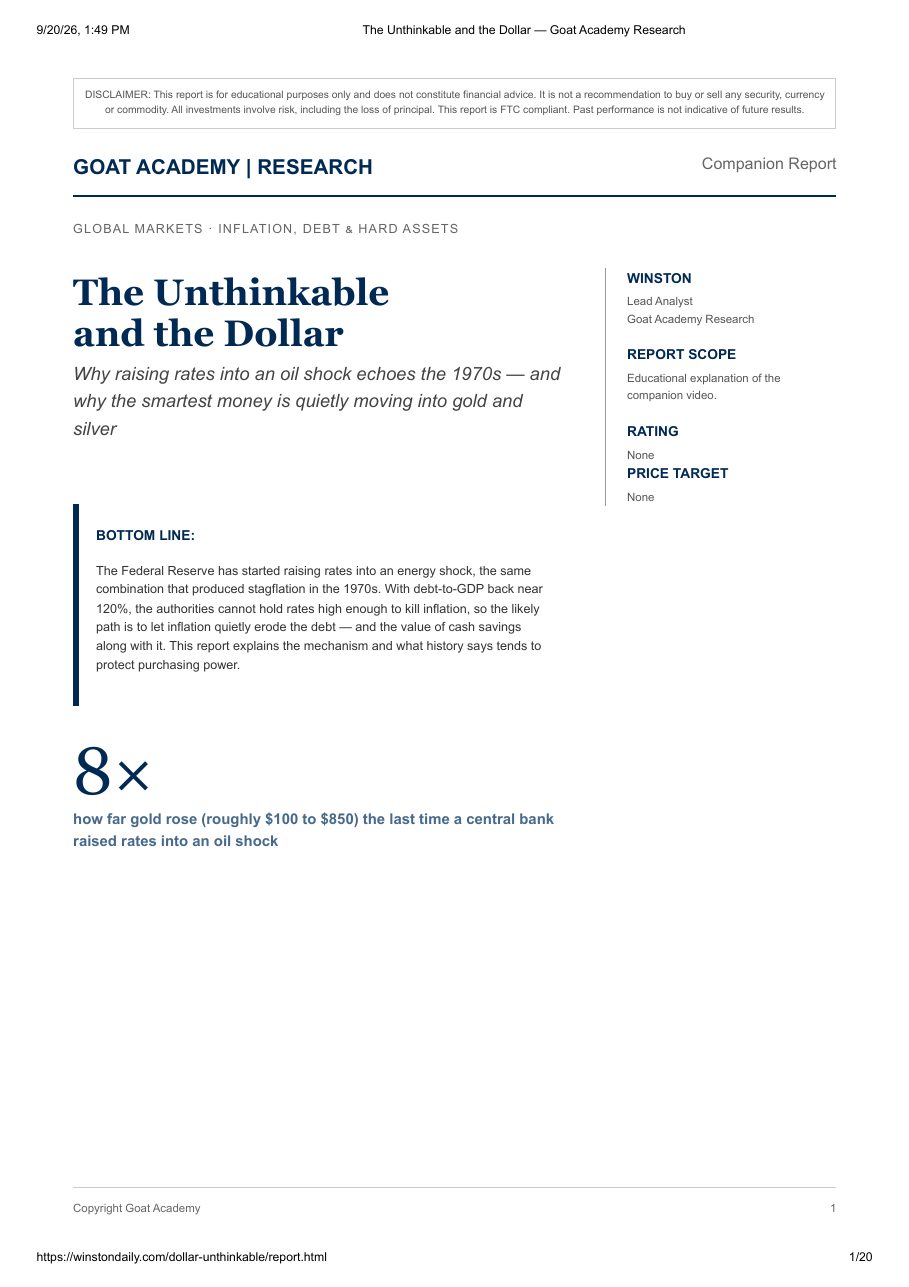 First page of the "The Unthinkable and The Dollar" research report by Goat Academy