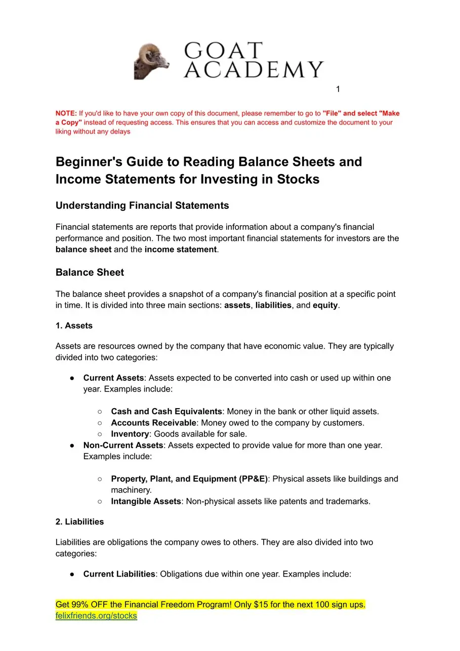 First page of the "Learn to Read Financial Statements" guide by Goat Academy
