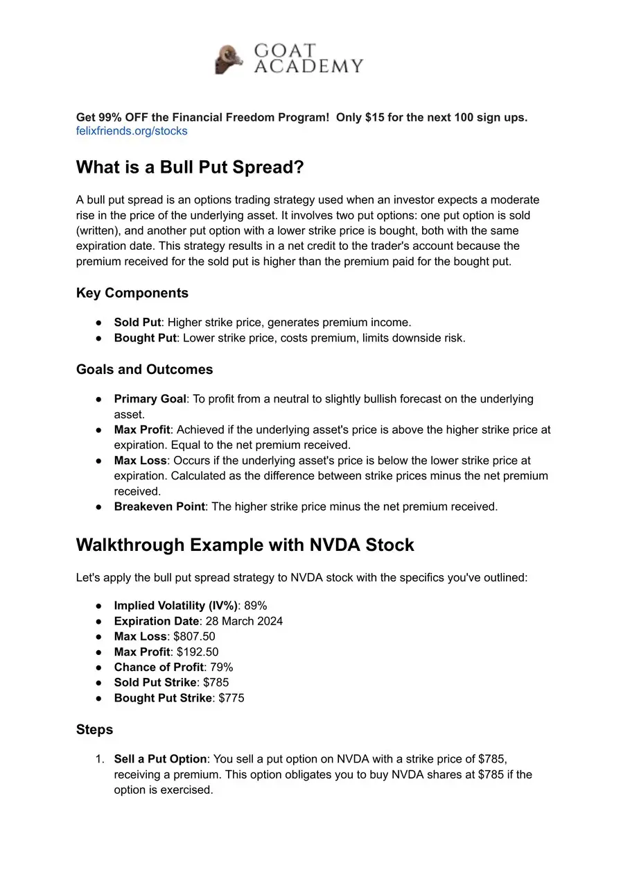 First page of the "What is a Bull Put Spread" guide by Goat Academy