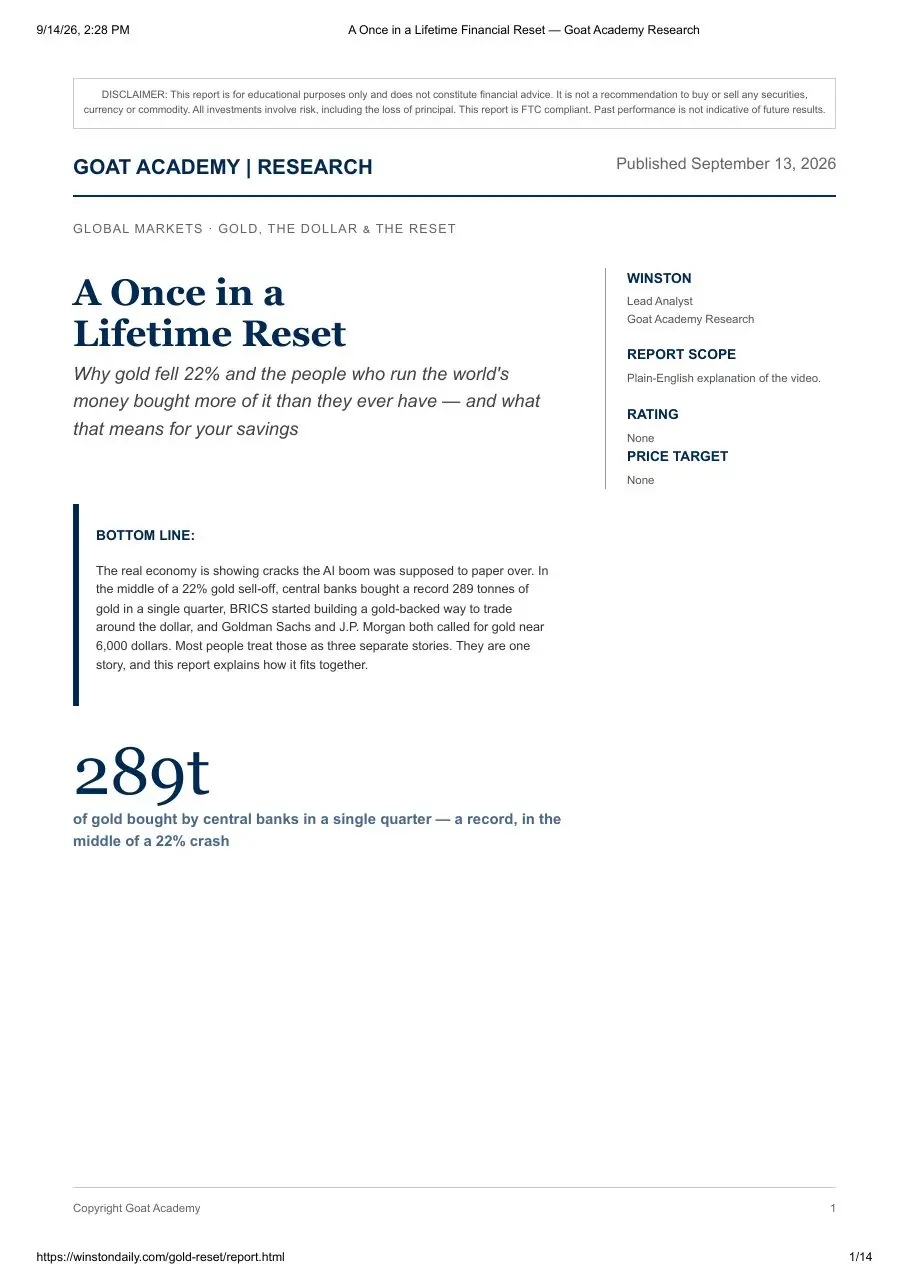 First page of the "A Once in a Lifetime Reset" research report by Goat Academy
