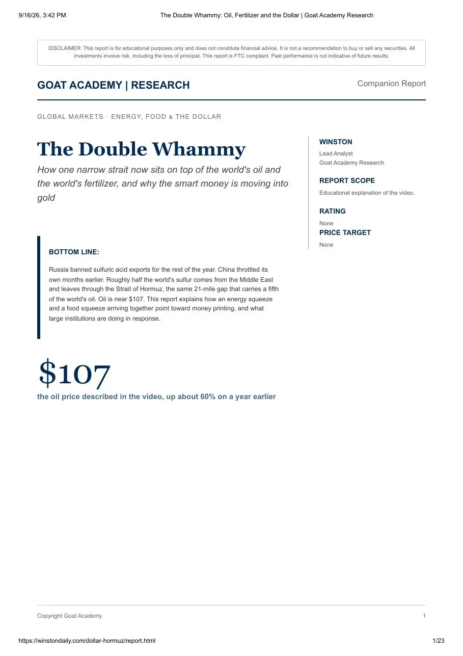 First page of the "The Double Whammy" research report by Goat Academy