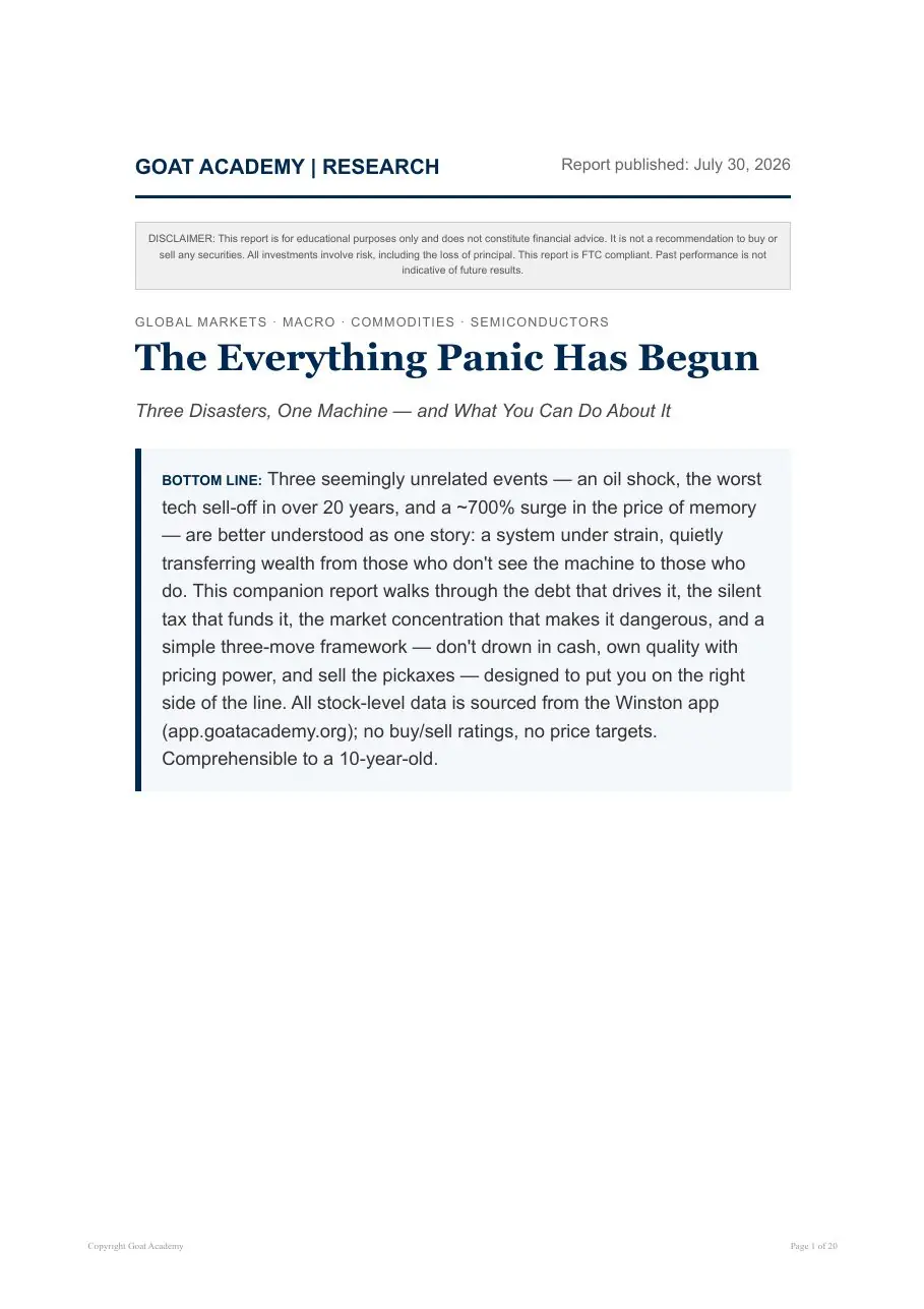First page of the "The Everything Panic Has Begun" research report by Goat Academy