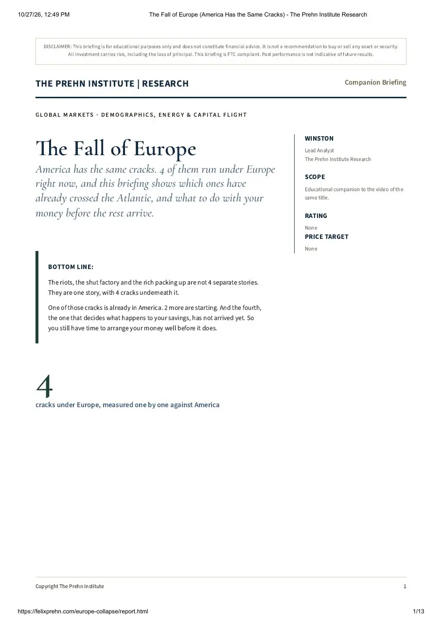 First page of the "The Fall of Europe (America Has the Same Cracks)" research report by Goat Academy