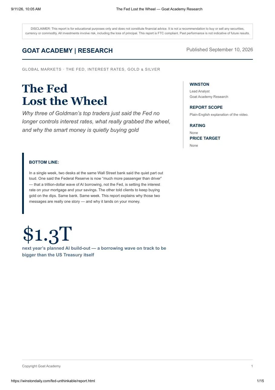 First page of the "The Fed Lost The Wheel" research report by Goat Academy