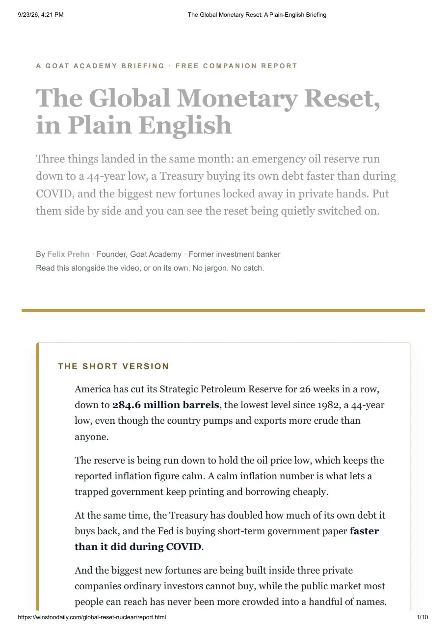 First page of the "The Global Monetary Reset, in Plain English" research report by Goat Academy