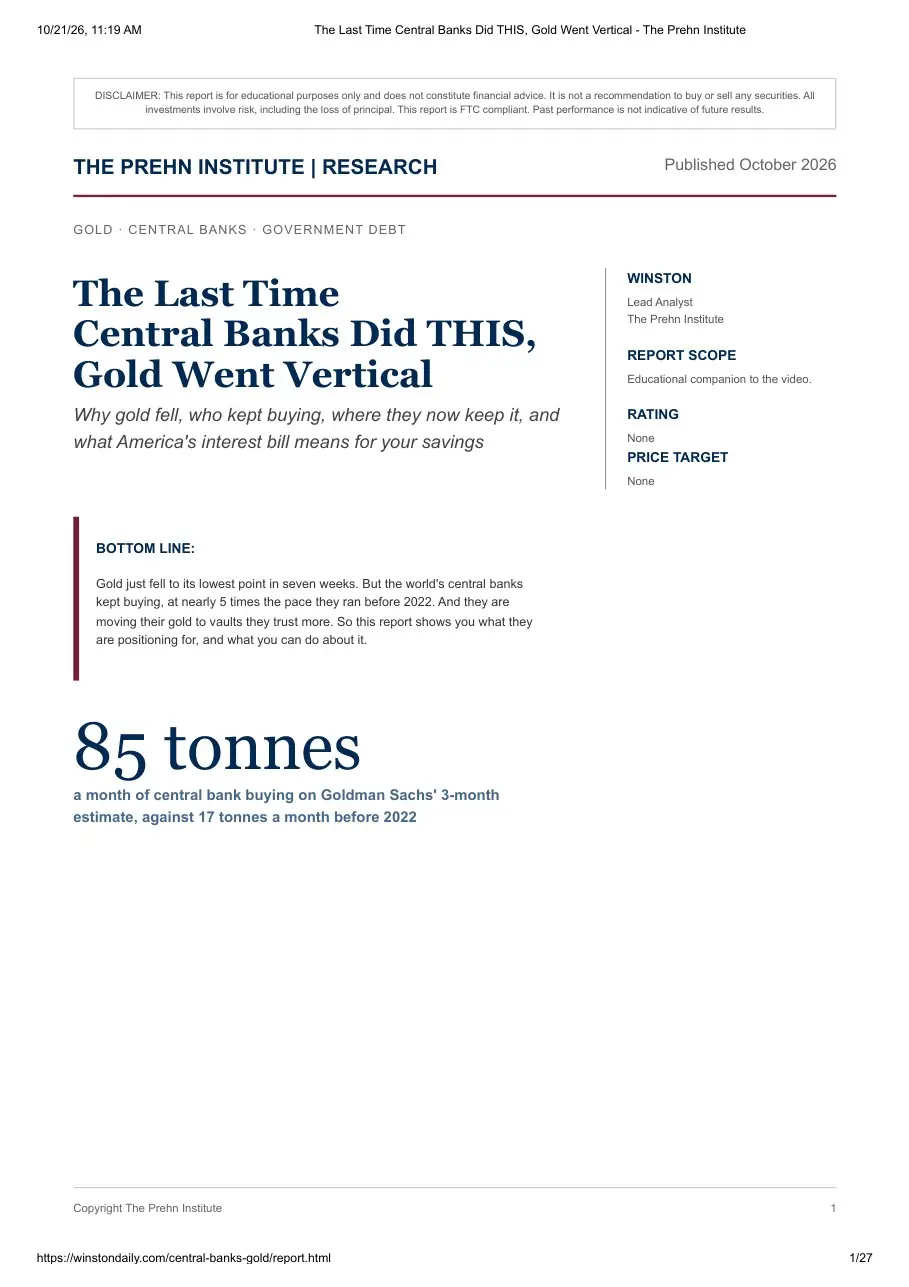 First page of the "The Last Time Central Banks Did THIS, Gold Went Vertical" research report by Goat Academy