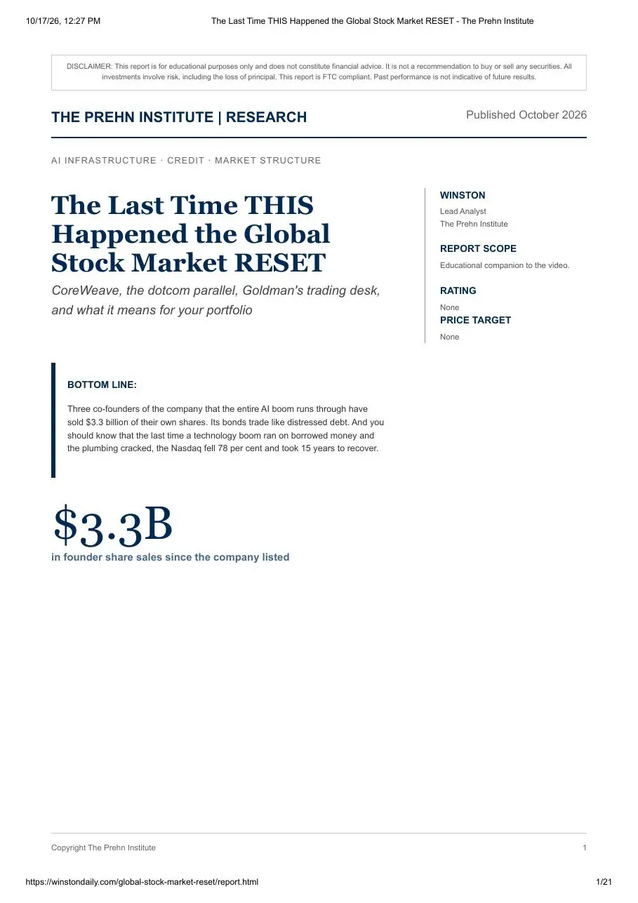 First page of the "The Last Time THIS Happened the Global Stock Market RESET" research report by Goat Academy