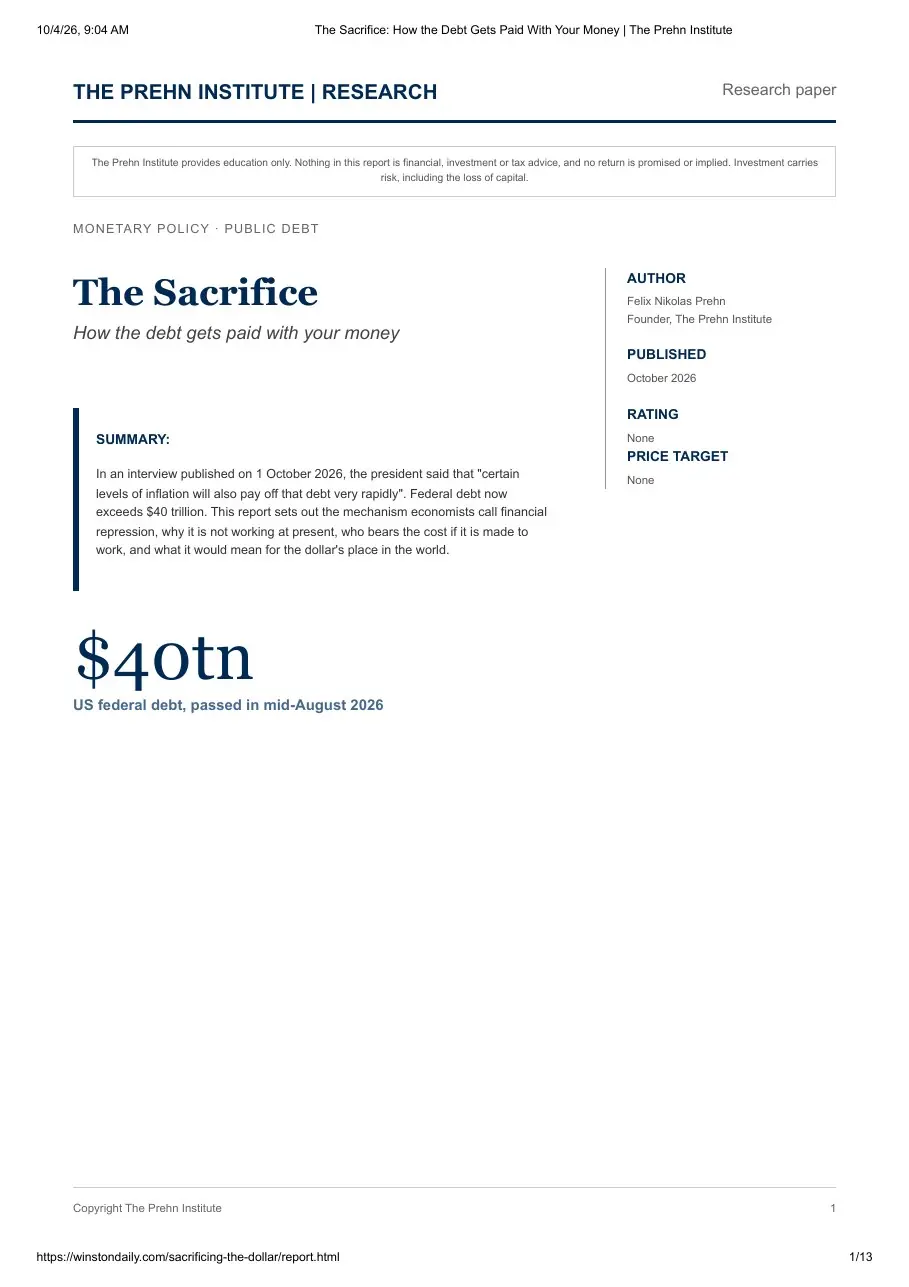 First page of the "The Sacrifice: How the Debt Gets Paid With Your Money" research report by Goat Academy