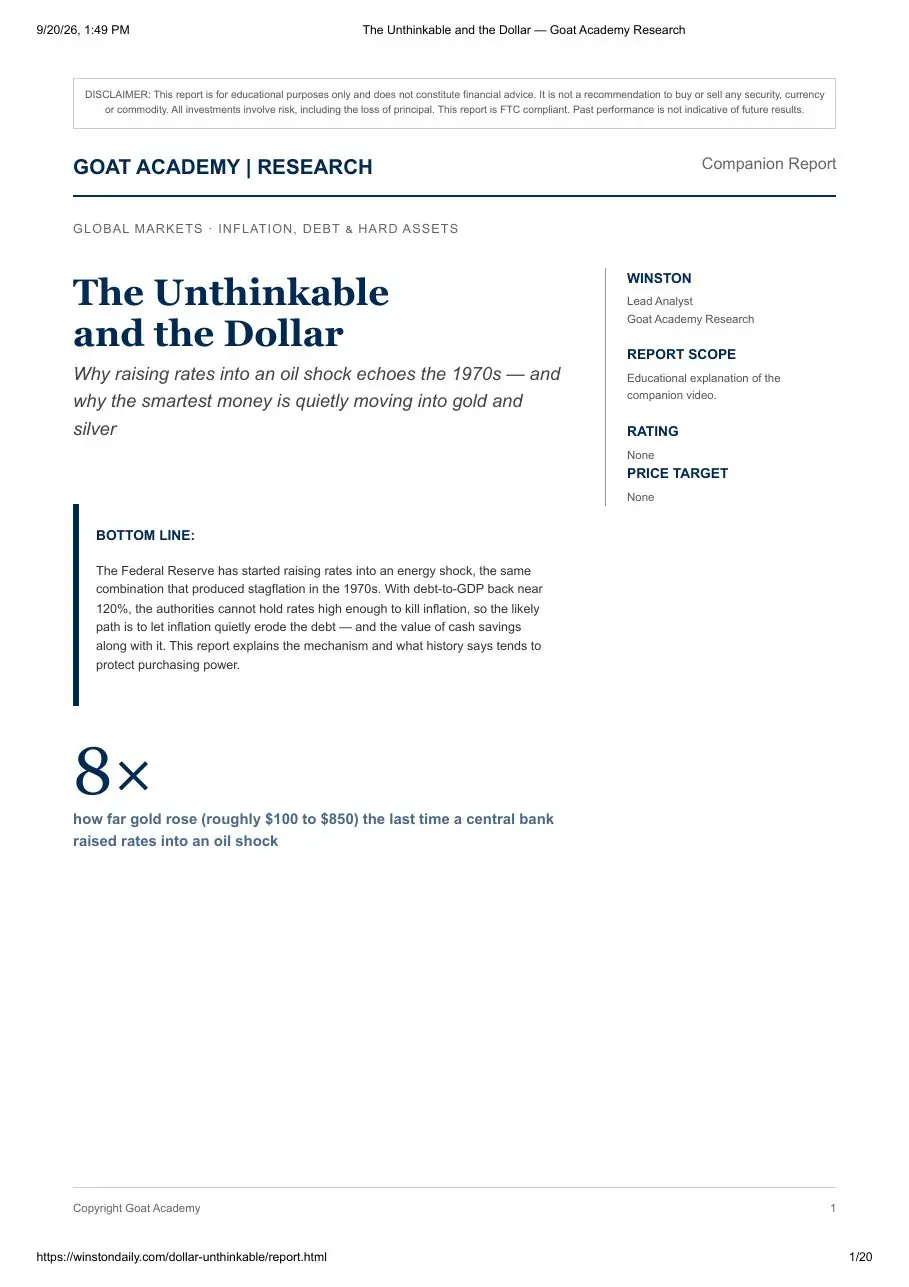 First page of the "The Unthinkable and The Dollar" research report by Goat Academy