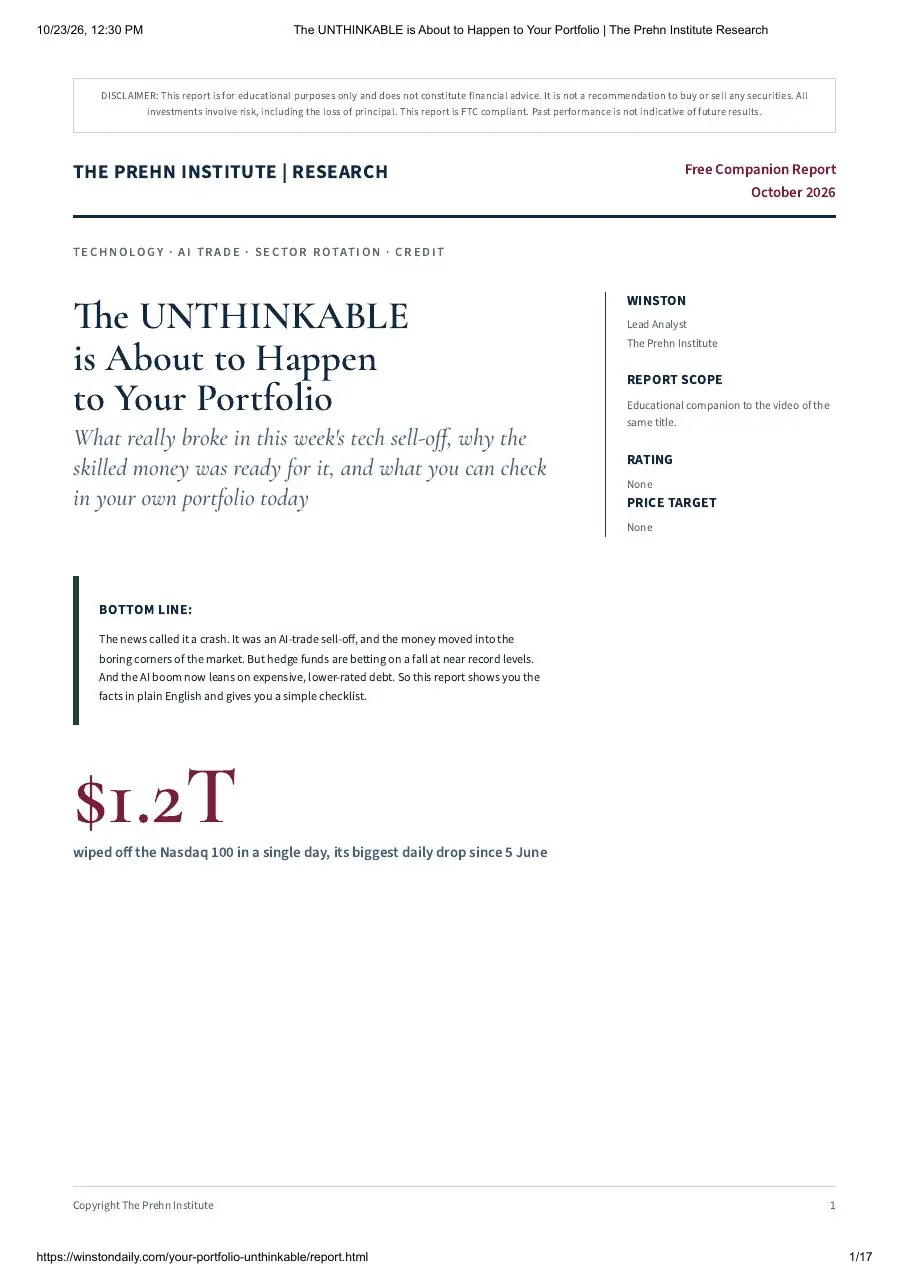 First page of the "The UNTHINKABLE is About to Happen to Your Portfolio" research report by Goat Academy