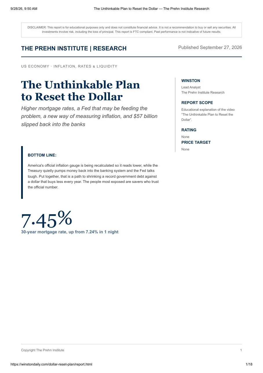 First page of the "The Unthinkable Plan to Reset the Dollar" research report by Goat Academy