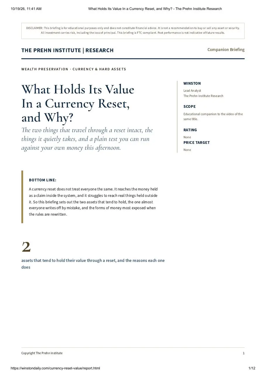 First page of the "What Holds Its Value In a Currency Reset, and Why?" research report by Goat Academy