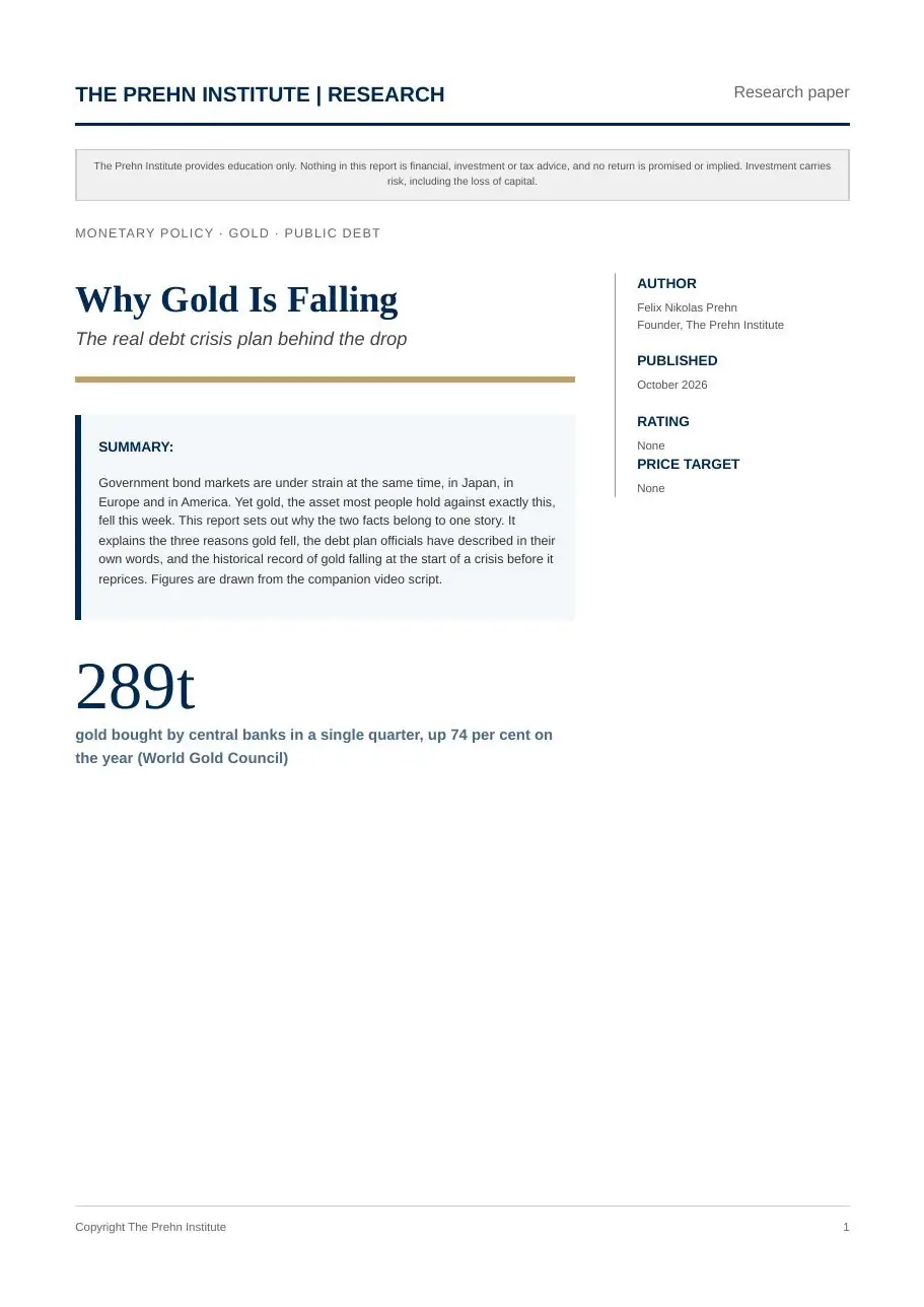 First page of the "Why Gold Is Falling: The Real Debt Crisis Plan" research report by Goat Academy