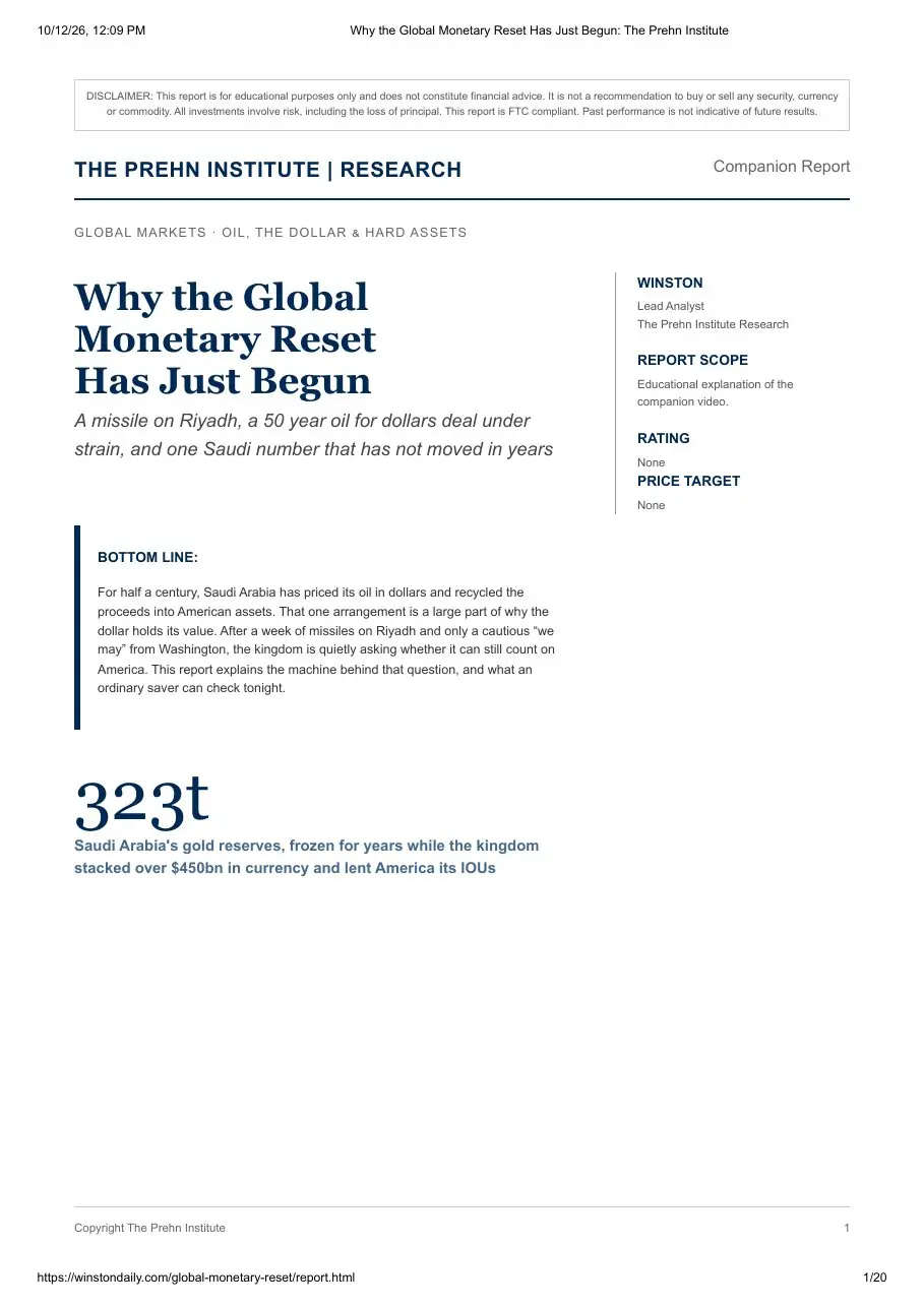 First page of the "Why the Global Monetary Reset Has Just Begun" research report by Goat Academy